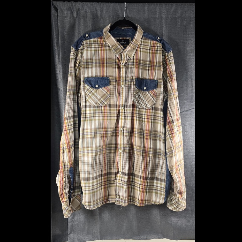 Buffalo David Bitton Men's XXL Beige Blue Cotton Woven Long Sleeve Plaid Shirt